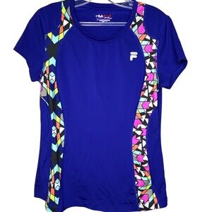 Fila Sport Women Blue Geometric Print‎ Short Sleeve -Medium- Athletic T-Shirt